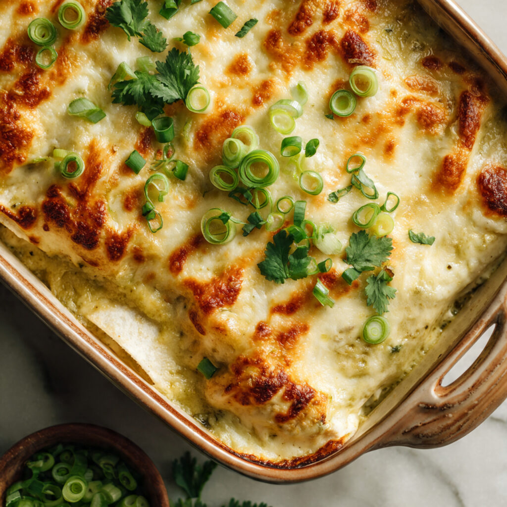 A comforting plate of homemade green chili chicken enchiladas ready to enjoy.