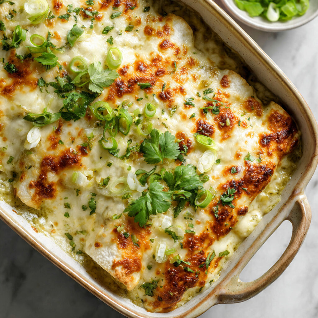 Plate of creamy green chili chicken enchiladas with avocado and cilantro