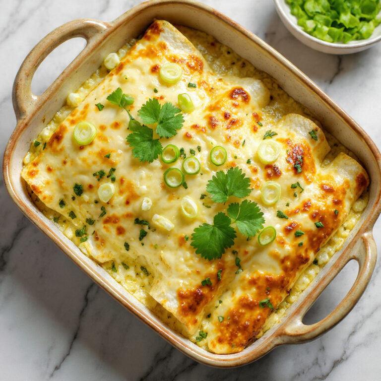 Golden baked green chili chicken enchiladas topped with melty cheese and fresh herbs, perfect for a comforting family dinner.