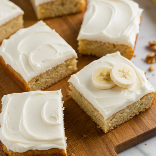 Plate of moist banana bars with creamy cream cheese frosting, garnished with banana slices and walnuts, ready to serve.