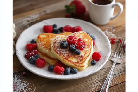 Heart-Shaped Pancakes with Berries