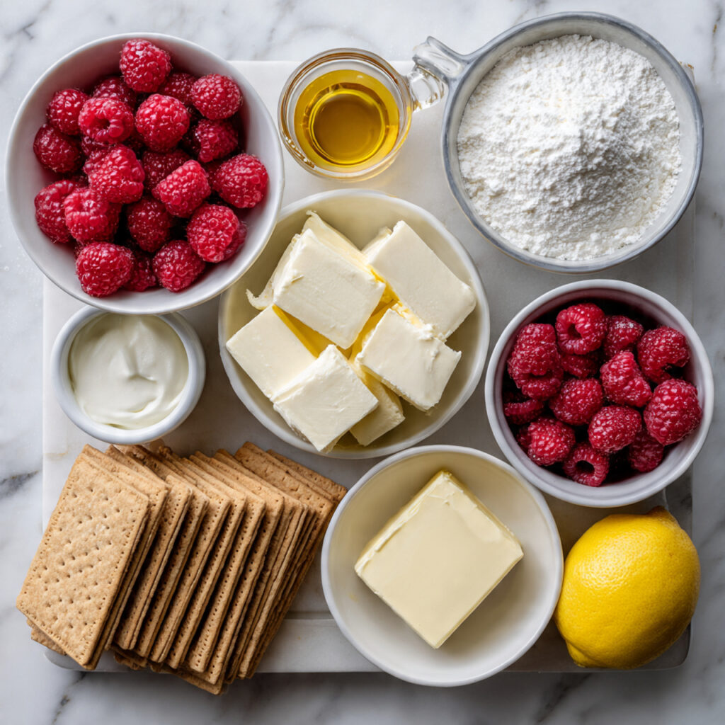 Ingredients for no-bake raspberry cheesecake bars including cream cheese, fresh raspberries, graham crackers, and cream