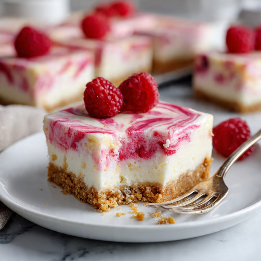 No-bake raspberry cheesecake bar showing layers of graham cracker crust, cream cheese filling, and pink raspberry swirl