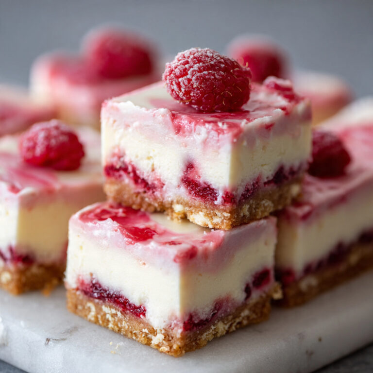 No-bake raspberry cheesecake bar showing layers of graham cracker crust, cream cheese filling, and pink raspberry swirl