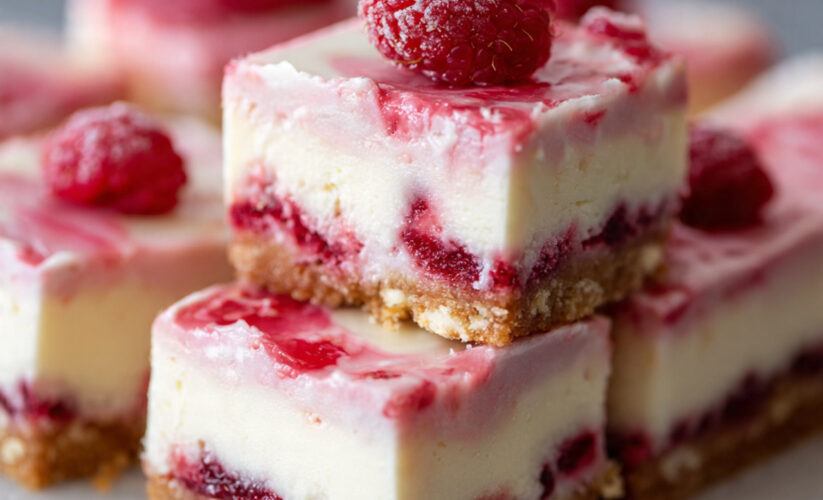 No-bake raspberry cheesecake bar showing layers of graham cracker crust, cream cheese filling, and pink raspberry swirl