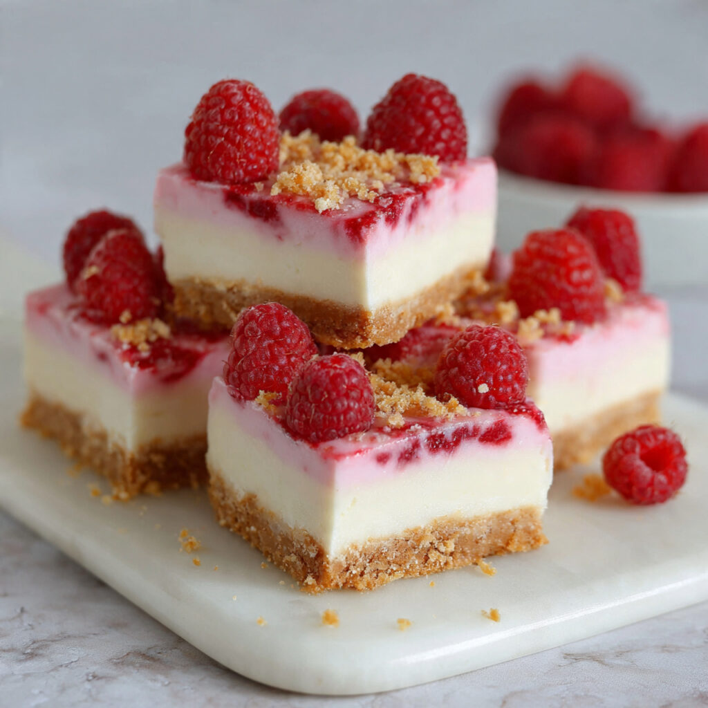 Finished no-bake raspberry cheesecake bars cut into squares with fresh raspberry garnish on white plates