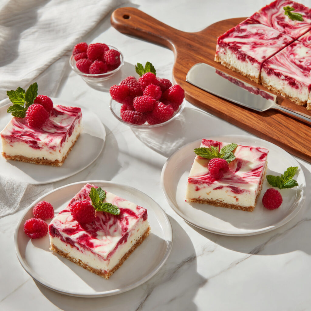 Beautifully set and cut raspberry cheesecake bars with creamy layers and pink swirl topping