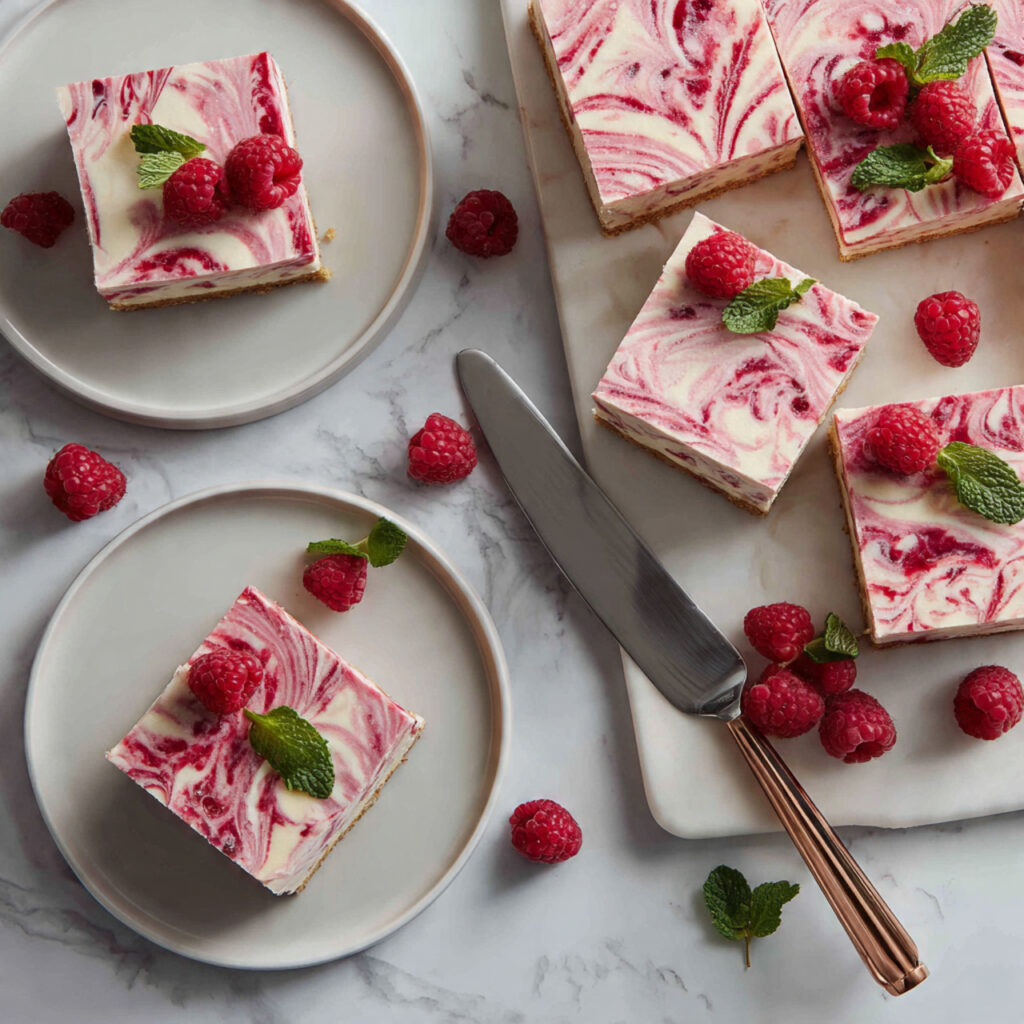  Finished no-bake raspberry cheesecake bars cut into squares with fresh raspberry garnish on white plates