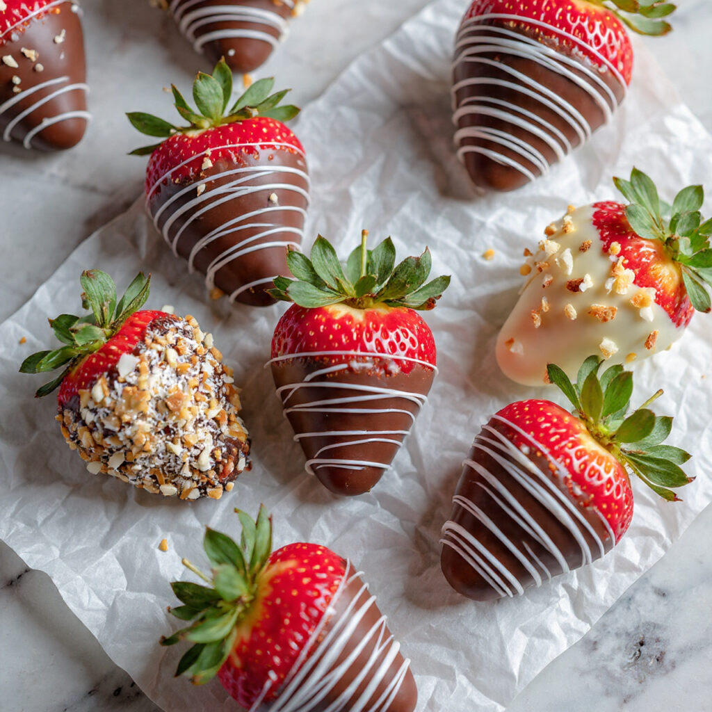 Juicy strawberries coated in chocolate and drizzled with white chocolate, perfect for gifts or parties.
