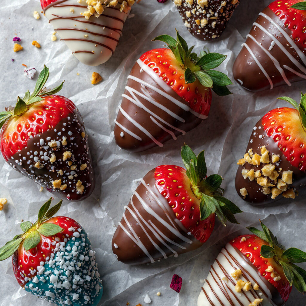 Chocolate covered strawberries on a white platter with dark and white chocolate, nuts, and sprinkles.