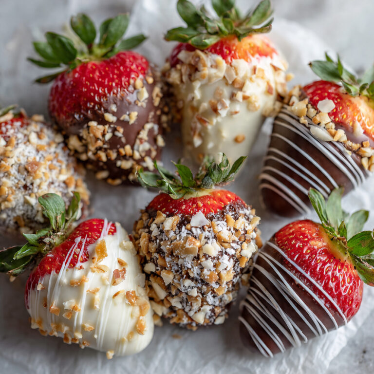 Juicy strawberries coated in chocolate and drizzled with white chocolate, perfect for gifts or parties.