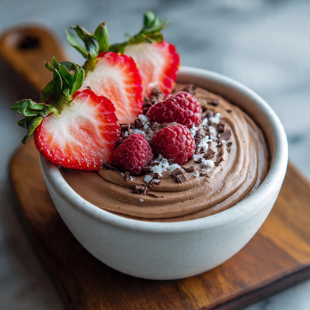  Paleo Chocolate Mousse Dip in ceramic bowl with fresh strawberry being dipped showing creamy texture