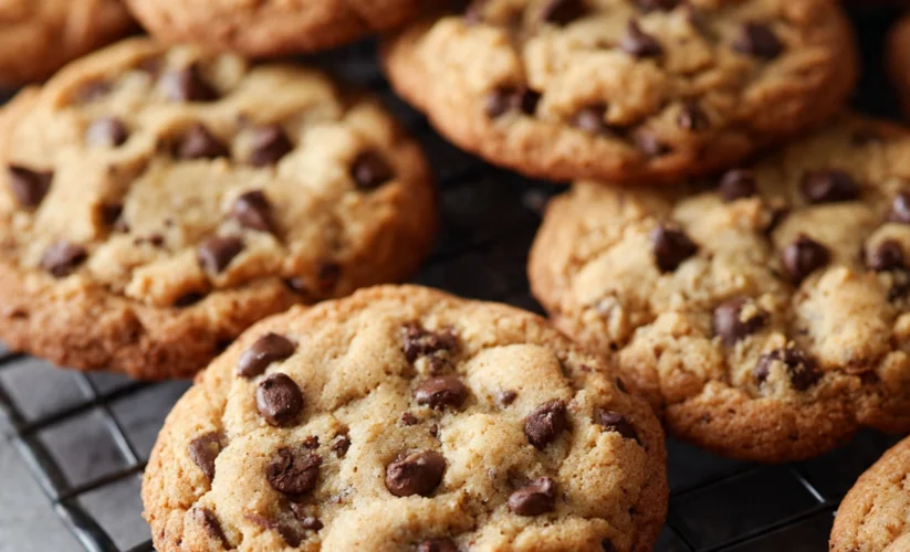 Perfect chocolate chip cookies with crispy edges and melty chocolate stacked on wooden board with milk