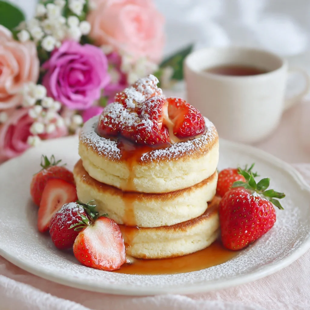 Light and airy Japanese soufflé pancakes Dreamy Fluffy Japanese Soufflé Pancakes stacked high and topped with fresh strawberries, powdered sugar, and maple syrup. This soft, fluffy pancake recipe is perfect for breakfast, brunch, or a romantic Valentine’s Day morning.