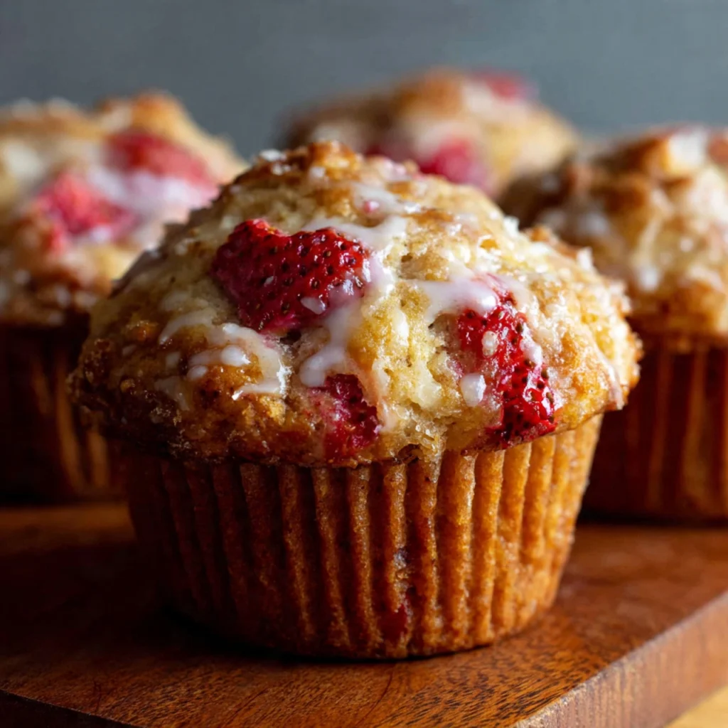  Freshly baked strawberry muffins with tall domed tops on cooling rack with fresh berries